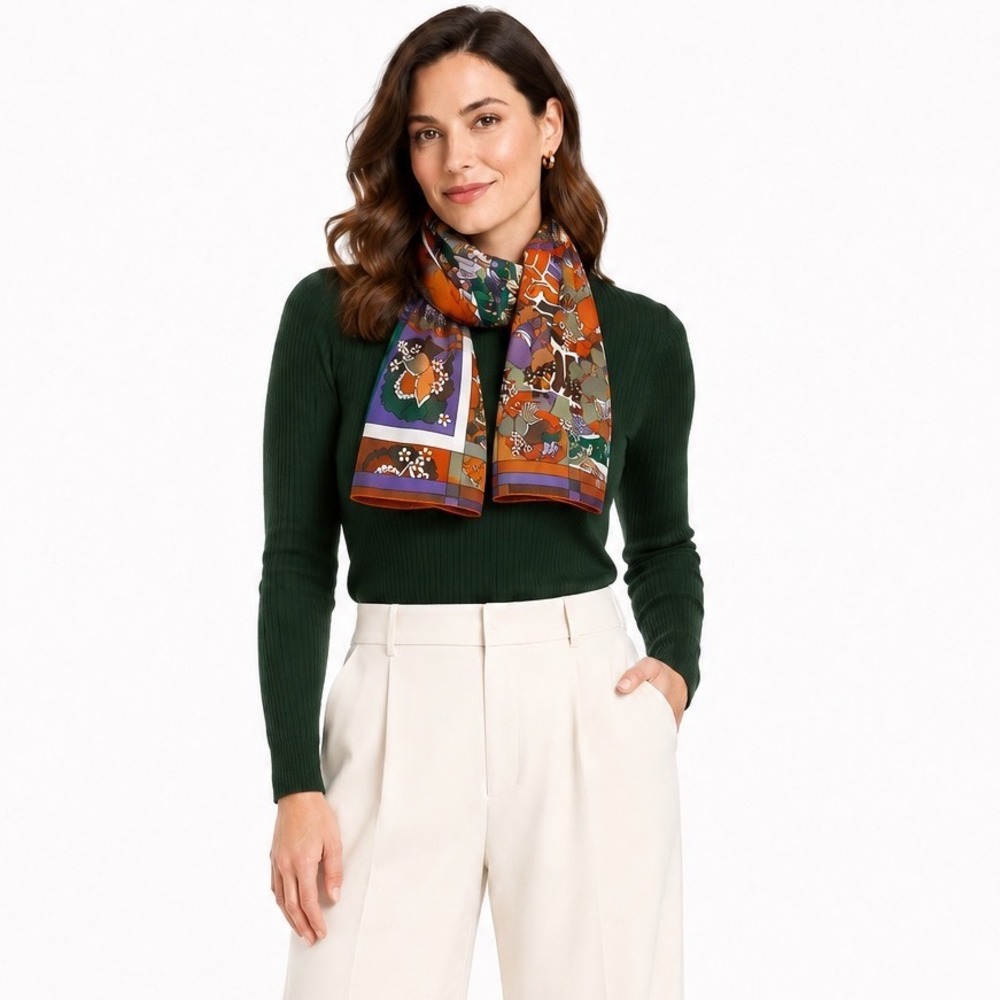 Zara Floral Geometric Patchwork Scarf Orange Green Purple Rectangular MOD 115-31